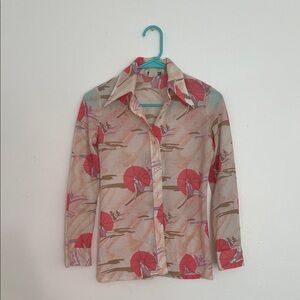 Women's Button Down Shirt with Red and Pink Umbrella Print